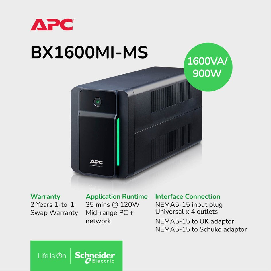 APC Back-UPS BX Series BX1600MI-MS - UPS - CA 230 V - 900 vatios - 1600 VA - conectores de salida: 4 - negro
