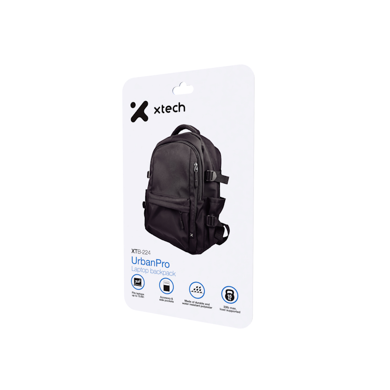 Xtech - Laptop Backpack - 15.6" - Durable polyester / 100% polyester - All black - UrbanPro XTB-224
