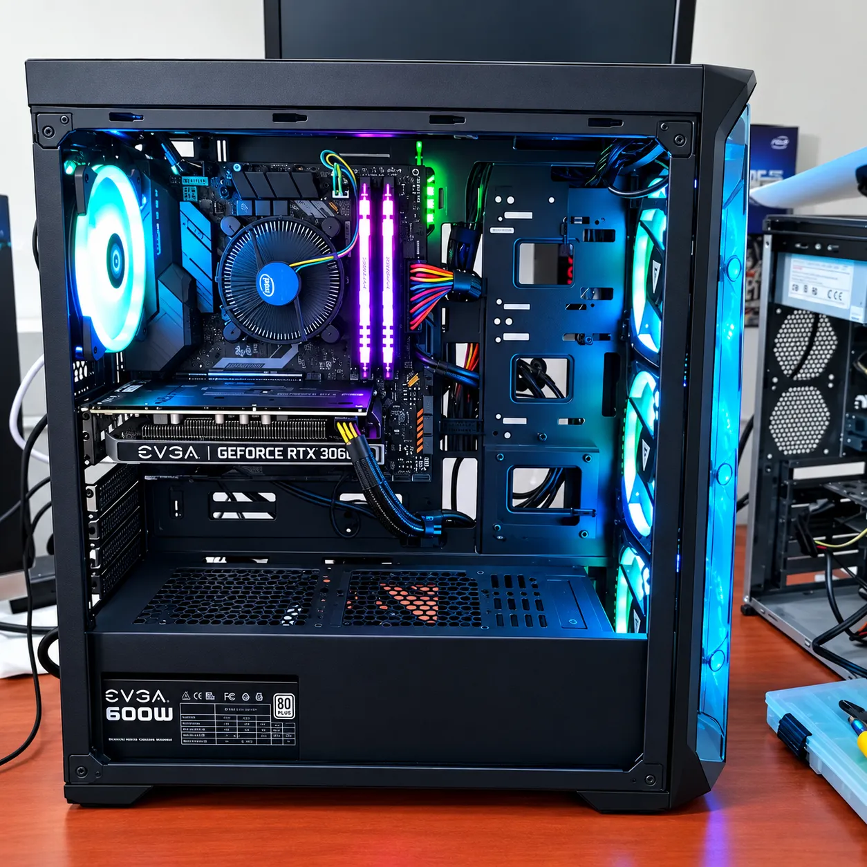 Computador armado con el gabinete abierto y sus componentes iluminados