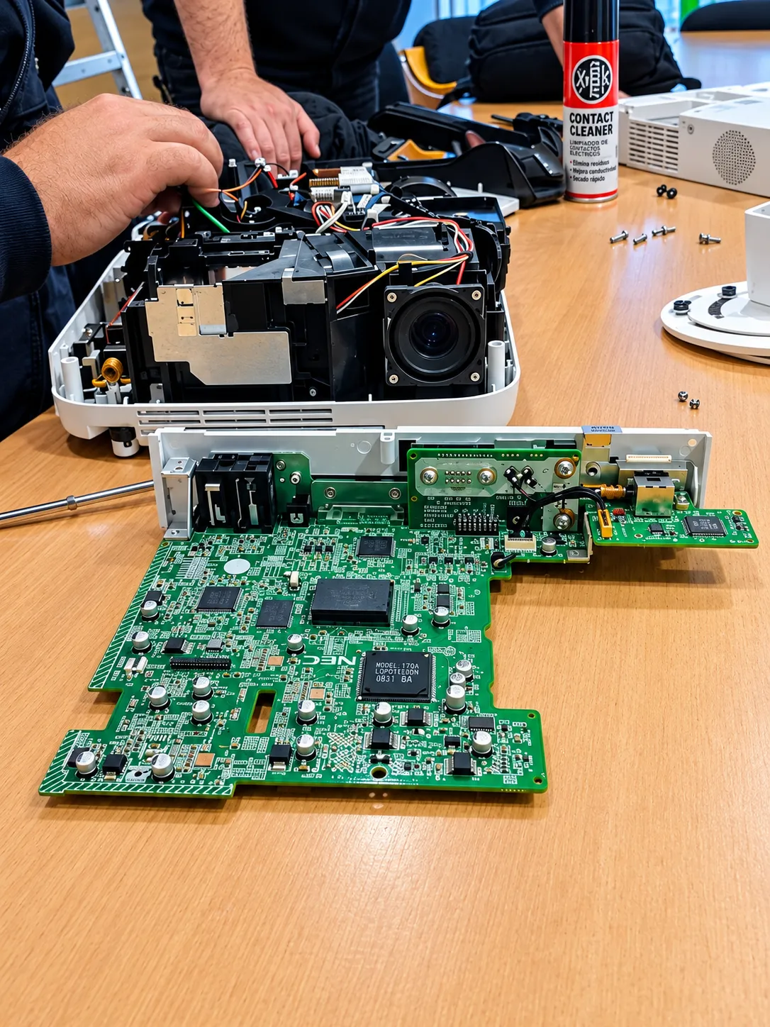 Proyector desarmado con su placa electrónica sobre la mesa de trabajo