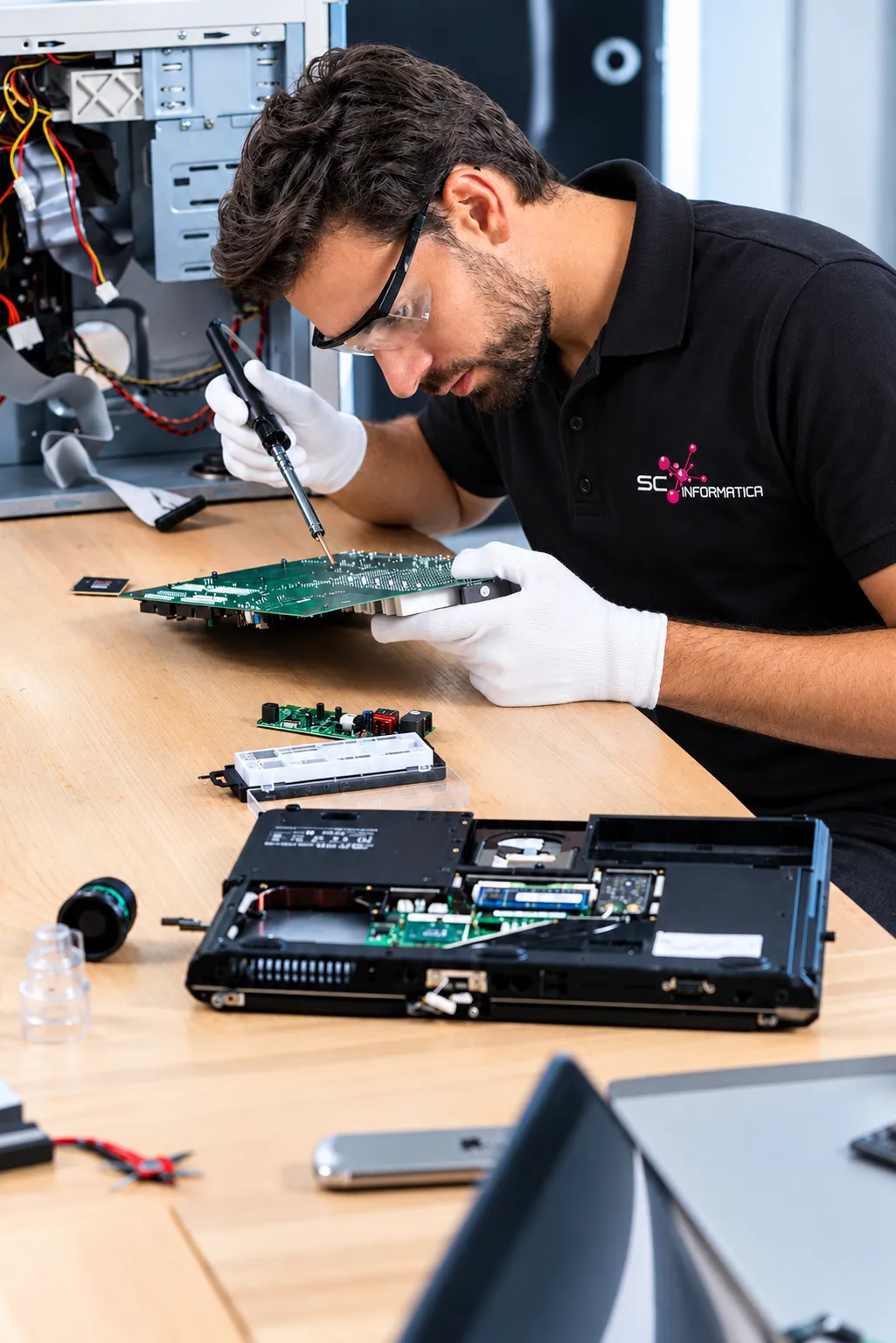 Técnico de SC Informática reparando una placa electrónica en el laboratorio